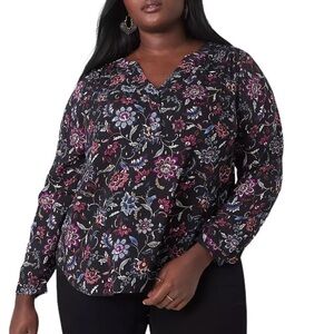 Lane Bryant 20 Classic Long-Sleeve Split-Neck Smocked floral Blouse R6